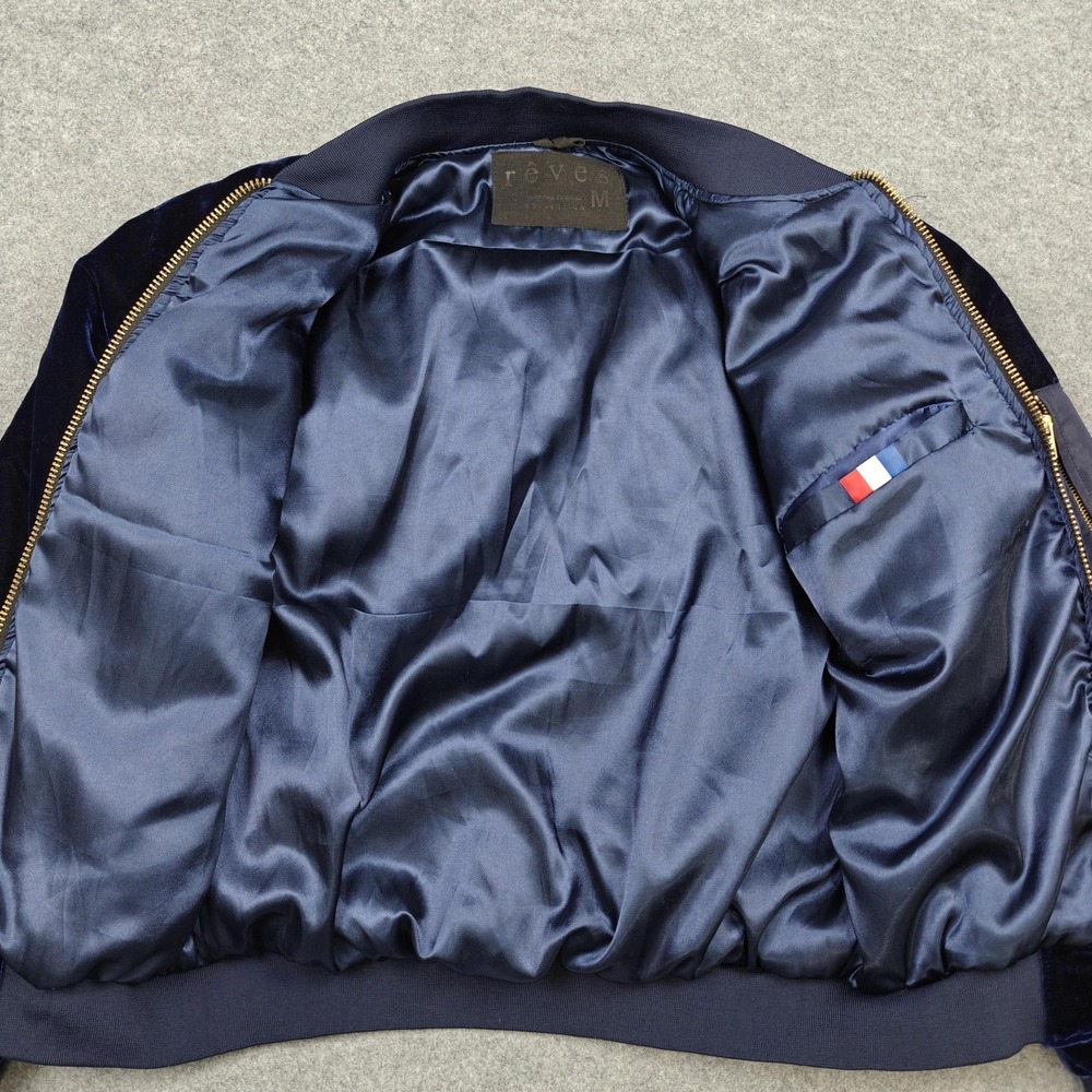 Reves Jacket Mens Medium Blue Velvet Bomber Full Zip Lined Pockets Rib Knit - Picture 4 of 10